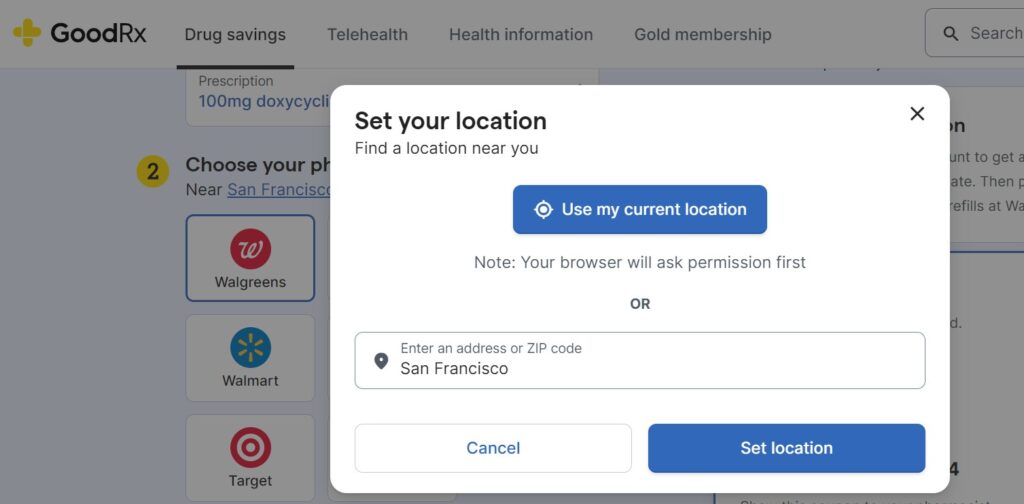 Screenshot of location selection on GoodRx